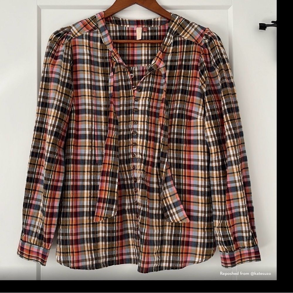 Anthropologie Pilcro Multicolor Plaid Tie Neck Blouse S - Picture 3 of 10